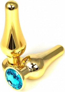 Золотистая удлиненная анальная пробка с голубым кристаллом - 11,5 см.