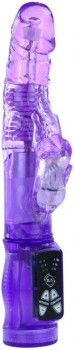 Фиолетовый вибратор-ротатор с клиторальным отростком - 21 см.