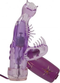 Фиолетовый мини-вибратор со стимулятором клитора - 10 см.