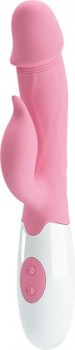 Нежно-розовый вибратор с клиторальным отростком Peter - 19,2 см.