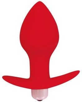 Красная коническая анальная вибровтулка с ограничителем - 8 см.