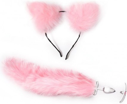 Розовый игровой набор: ободок с ушками и анальная пробка с хвостиком