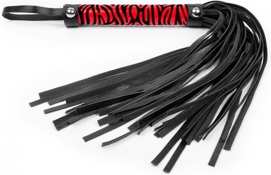 Черная многохвостовая плеть с круглой красной ручкой-зеброй - 39 см.