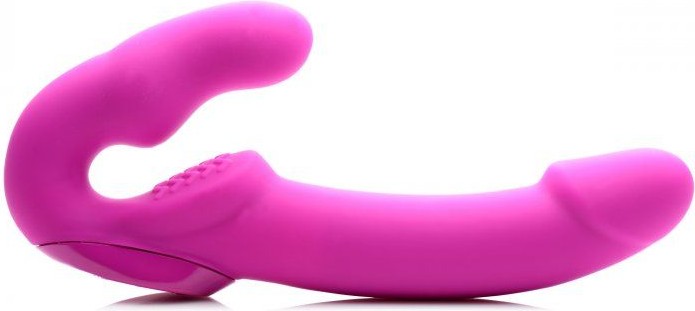 Розовый безремневой страпон с вибрацией Evoke Rechargeable Vibrating Strap On - 24,7 см.