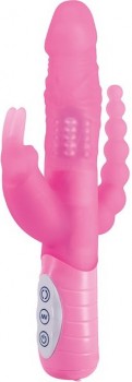 Розовый вибратор-кролик с анальным стимулятором SLIMLINE TRIPLE PLAY - 15,5 см.