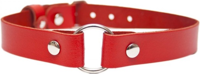 Красный ошейник из натуральной кожи для БДСМ с металлическим кольцом для поводка