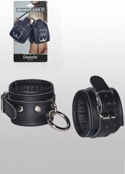 Кожаные наручники с круглым карабином Sitabella Chrome Collection – черный с серебристым