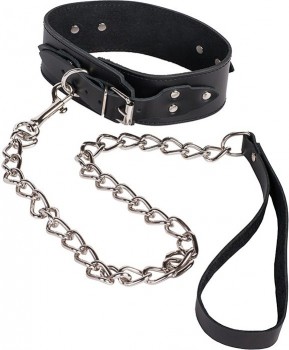 Ошейник Leather Collar кожаный с металлической цепью – черный