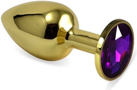 Золотистая анальная втулка с фиолетовым кристаллом - 7 см.