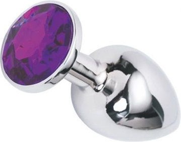 Серебристая анальная втулка с фиолетовым кристаллом - 7 см.