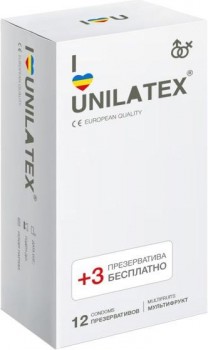 Разноцветные ароматизированные презервативы Unilatex Multifruit  - 12 шт. + 3 шт. в подарок