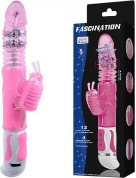 Розовый вибратор с вращением бусин и клиторальной бабочкой - 30 см.