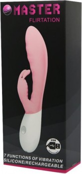Розовый перезаряжаемый вибратор с клиторальным зайчиком Master Flirtation - 20 см.