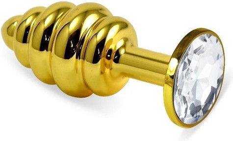 Золотистая пробка с рёбрышками и прозрачным кристаллом - 7 см.