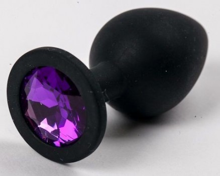 Чёрная анальная втулка с фиолетовым кристаллом - 7,3 см.