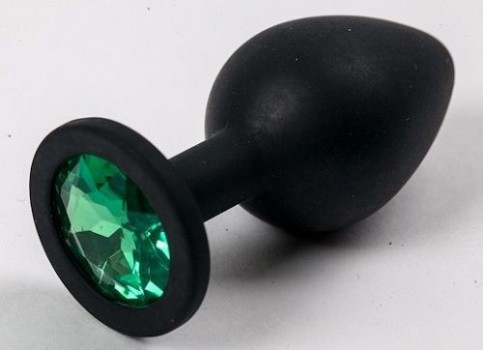 Чёрная анальная втулка с зеленым кристаллом - 7,3 см.