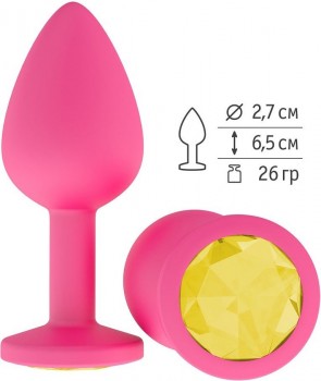 Розовая анальная втулка с желтым кристаллом - 7,3 см.