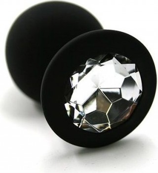 Чёрная силиконовая анальная пробка с прозрачным кристаллом - 7 см.