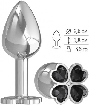 Серебристая анальная втулка с клевером из чёрных кристаллов - 7 см.