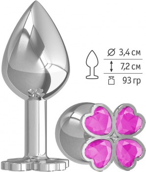 Средняя серебристая анальная втулка с клевером из розовых кристаллов - 8,5 см.
