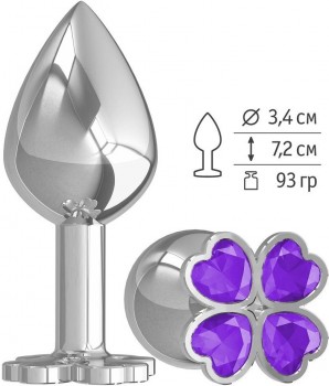 Средняя серебристая анальная втулка с клевером из фиолетовых кристаллов - 8,5 см.