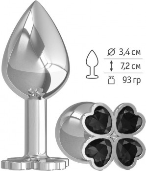 Средняя серебристая анальная втулка с клевером из черных кристаллов - 8,5 см.