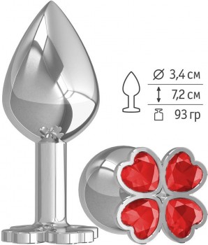 Средняя серебристая анальная втулка с клевером из красных кристаллов - 8,5 см.