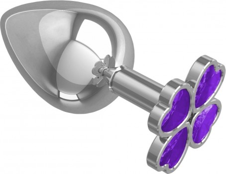 Серебристая анальная пробка-клевер с фиолетовым кристаллом - 9,5 см.