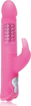 Розовый силиконовый вибратор с шариками и клиторальным отростком - 25 см.